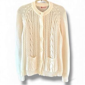 Vintage 70s Collections Cable Knit Off White Cottagecore grandpa cardigan Sz LG